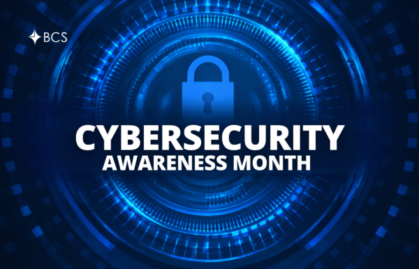 BCS Cybersecurity Awareness Month graphic with a blue padlock and digital security design and the BCS logo.