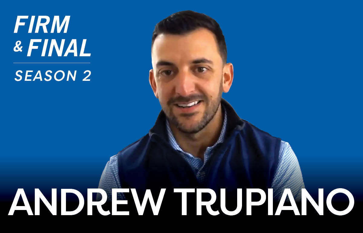 Season two episode two guest Andrew Trupiano's headshot on a blue background.